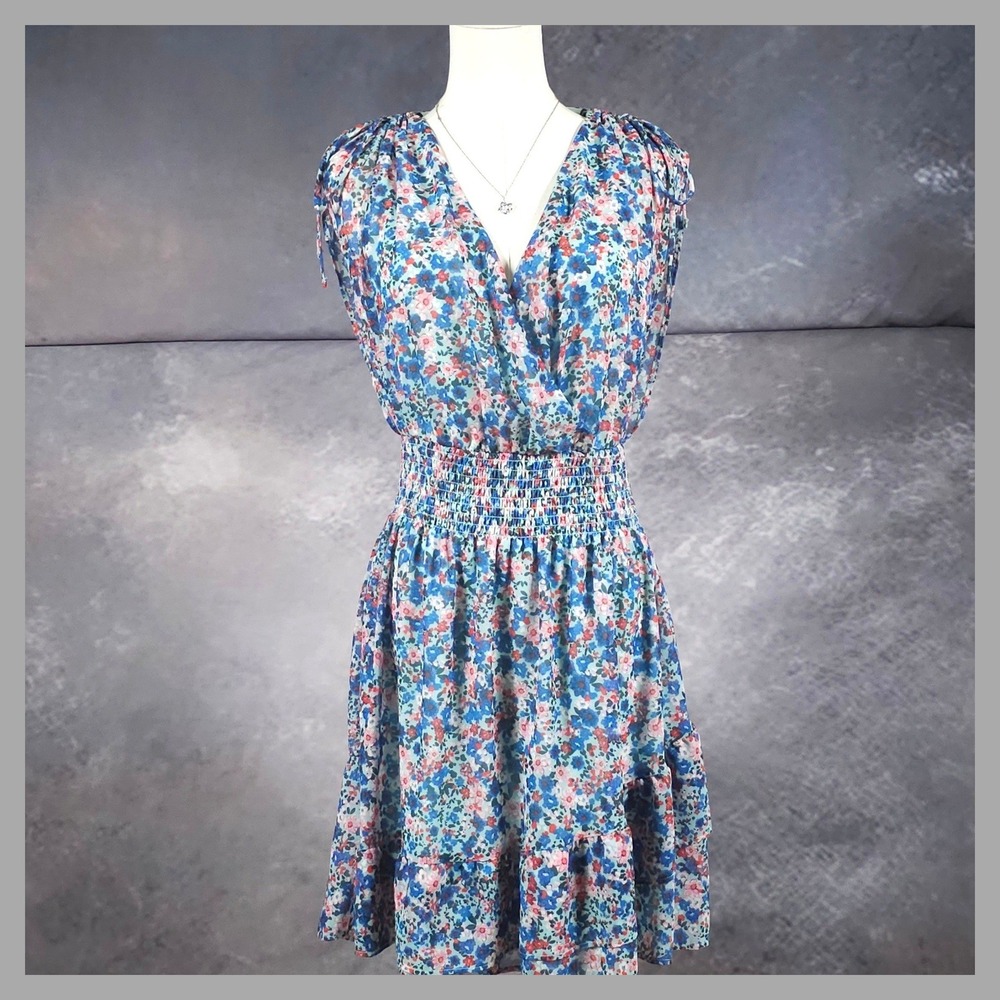 NWOT BCBG Paris Cottagecore Floral Chiffon Mini Dress Blue Pink M